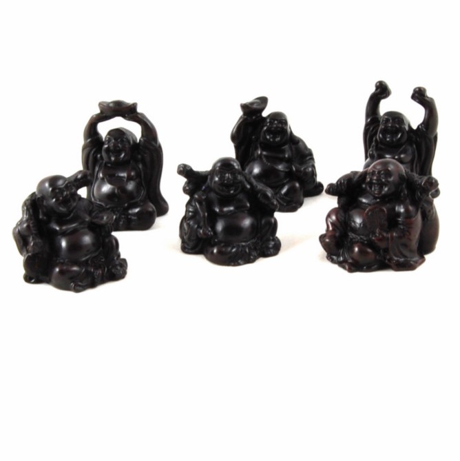 Happy Boeddha Beeld Polyresin Zwart - set van 6 - ca. 6 cm