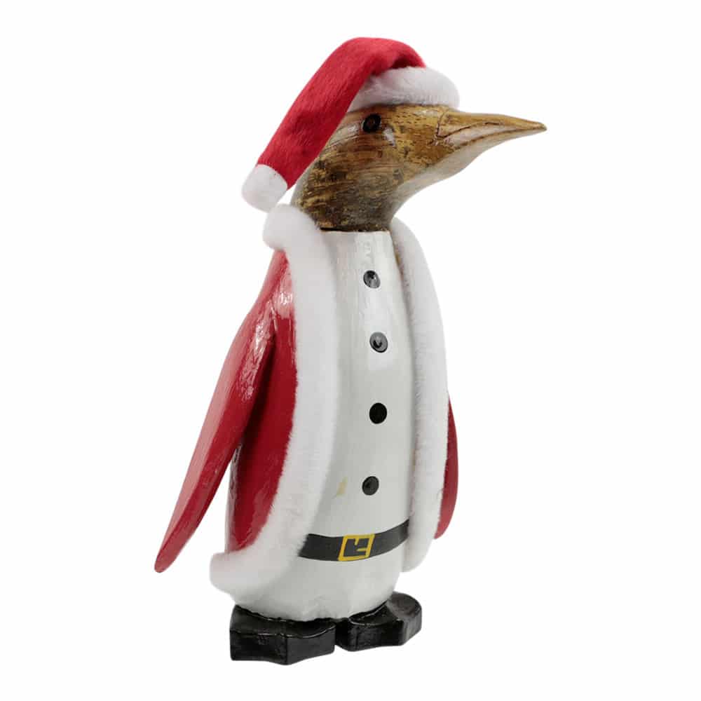 Houten Beeld Pinguïn Kerstman (21 x 12 cm)