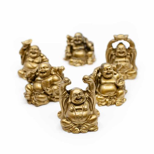 Happy Boeddha Beeld Zittend Polyresin Goudkleurig - set van 6 - ca. 7.5 cm