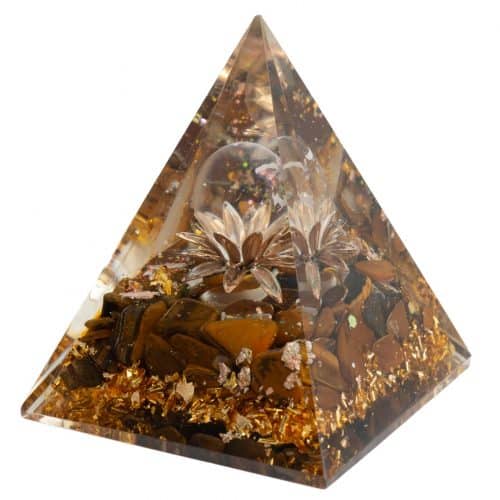 Orgonite Piramide Tijgeroog Lotus met Bergkristal Bol (70 mm)