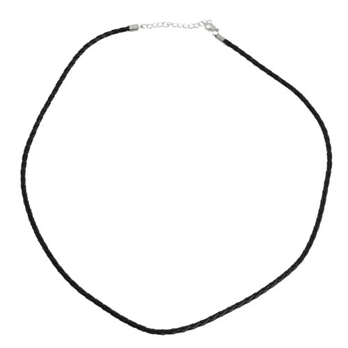 Gevlochten Lederen Halsketting met Karabijnslotje Zwart (60 cm / 3 mm)