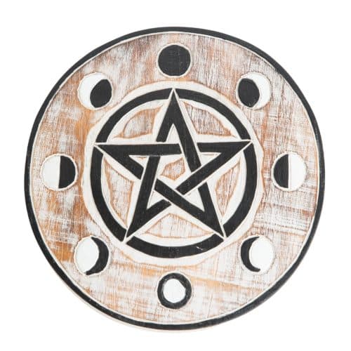 Houten Muurdecoratie - Pentagram & Maanfasen - Rond (ca 24 x 2 cm)
